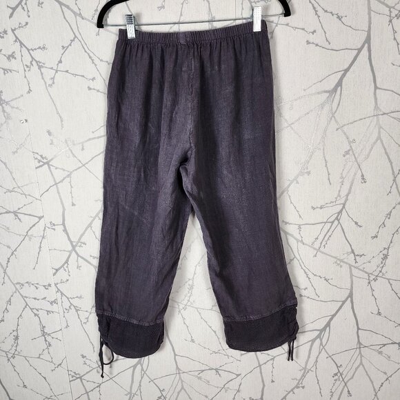 Fenini Purple 100% Linen Elastic Waist Mesh Hem Tie Crop Pants - Picture 2 of 7